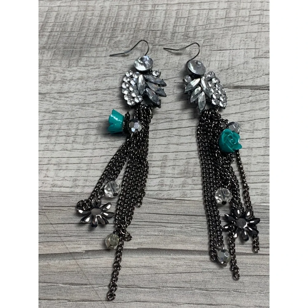 Gunmetal Crystal Tassel Earrings Turquoise Rose Multi Chain Dangle 3785